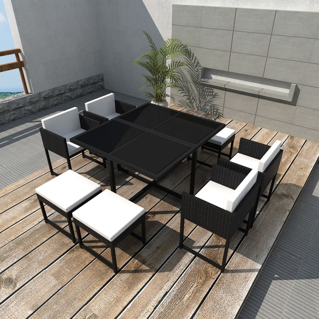 Vetonek Set comedor de jardín 9 piezas y cojines ratán sintético negro