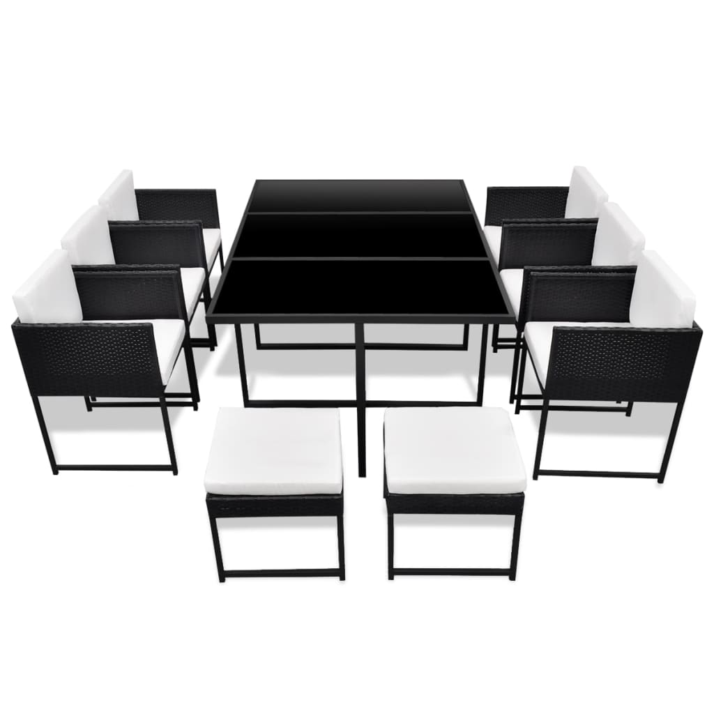 Set comedor de jardín 11 piezas y cojines ratán sintético negro