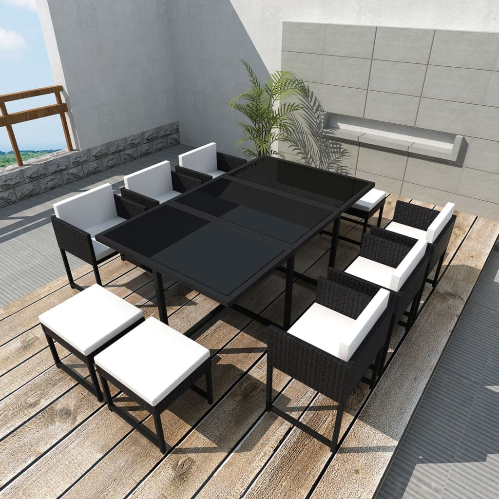 Vetonek Set comedor de jardín 11 piezas y cojines ratán sintético negro