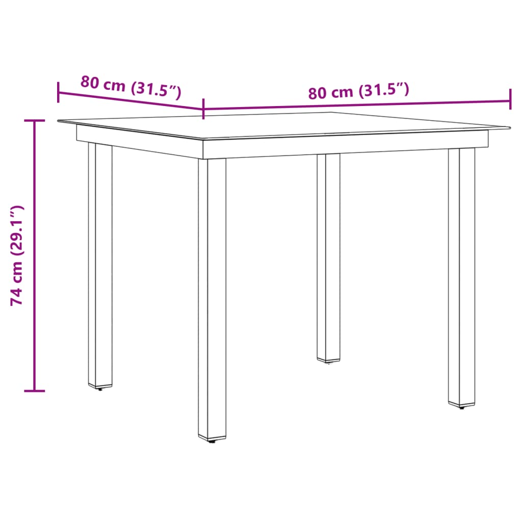 Mesa de jardín de aluminio y vidrio negra 80x80x74 cm vidaXL