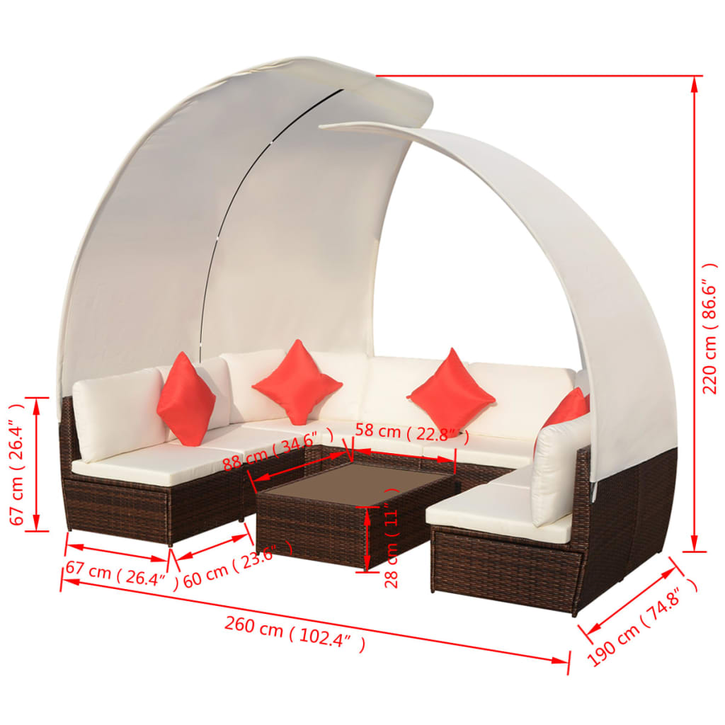 Set muebles de jardín 9 pzas con toldos ratán sintético marrón vidaXL