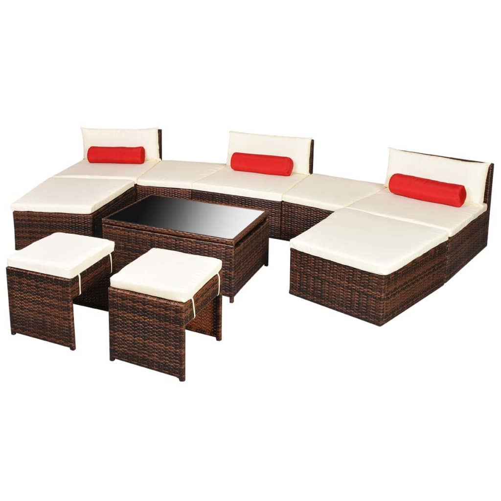 Set muebles de jardín 10 pzas y cojines ratán sintético marrón vidaXL