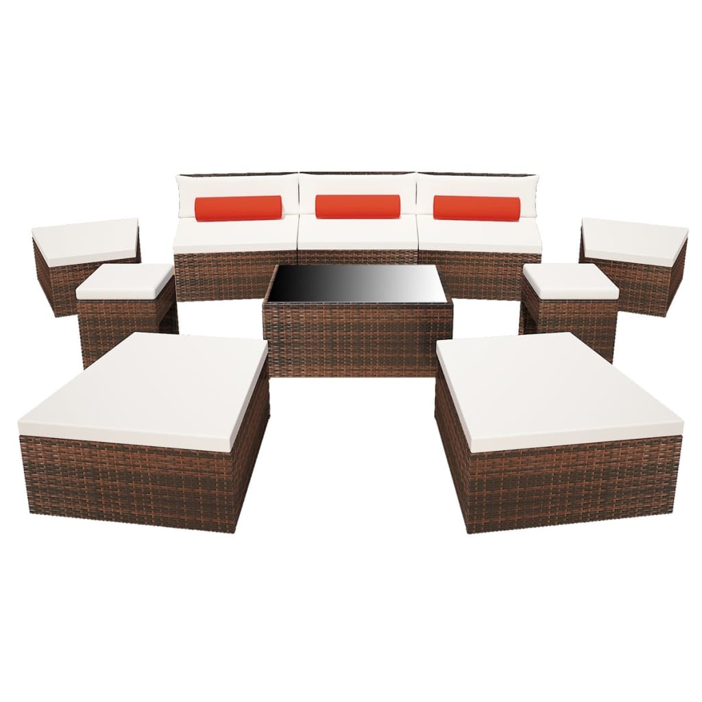 Set muebles de jardín 10 pzas y cojines ratán sintético marrón vidaXL