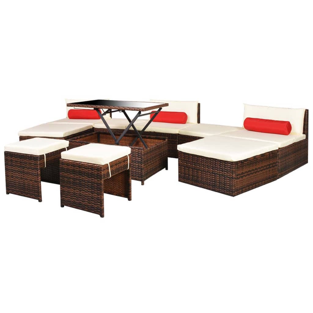 Set muebles de jardín 10 pzas y cojines ratán sintético marrón vidaXL