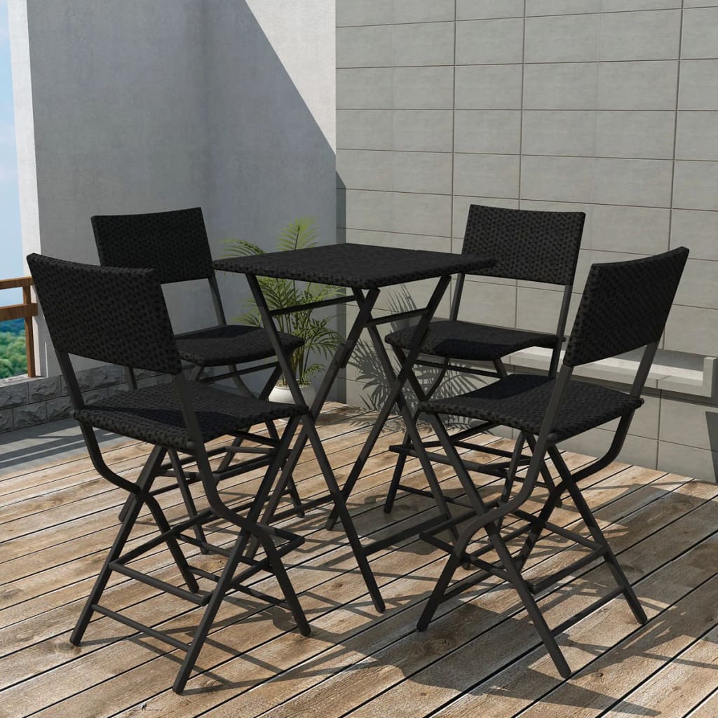 Vetonek Set comedor de jardín plegable 5 pzas poli ratán y acero negro