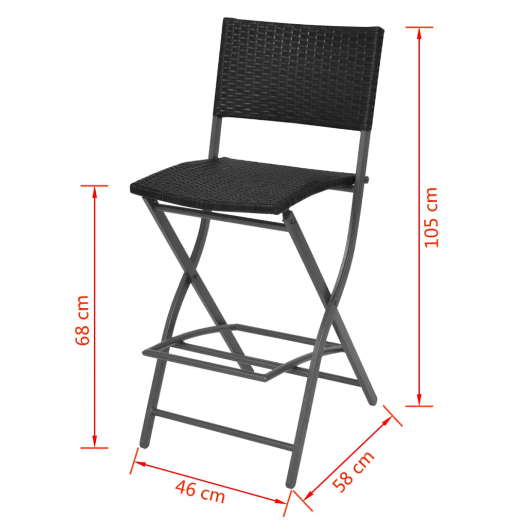 Set da pranzo pieghevole da giardino 5 pezzi poli rattan e acciaio nero