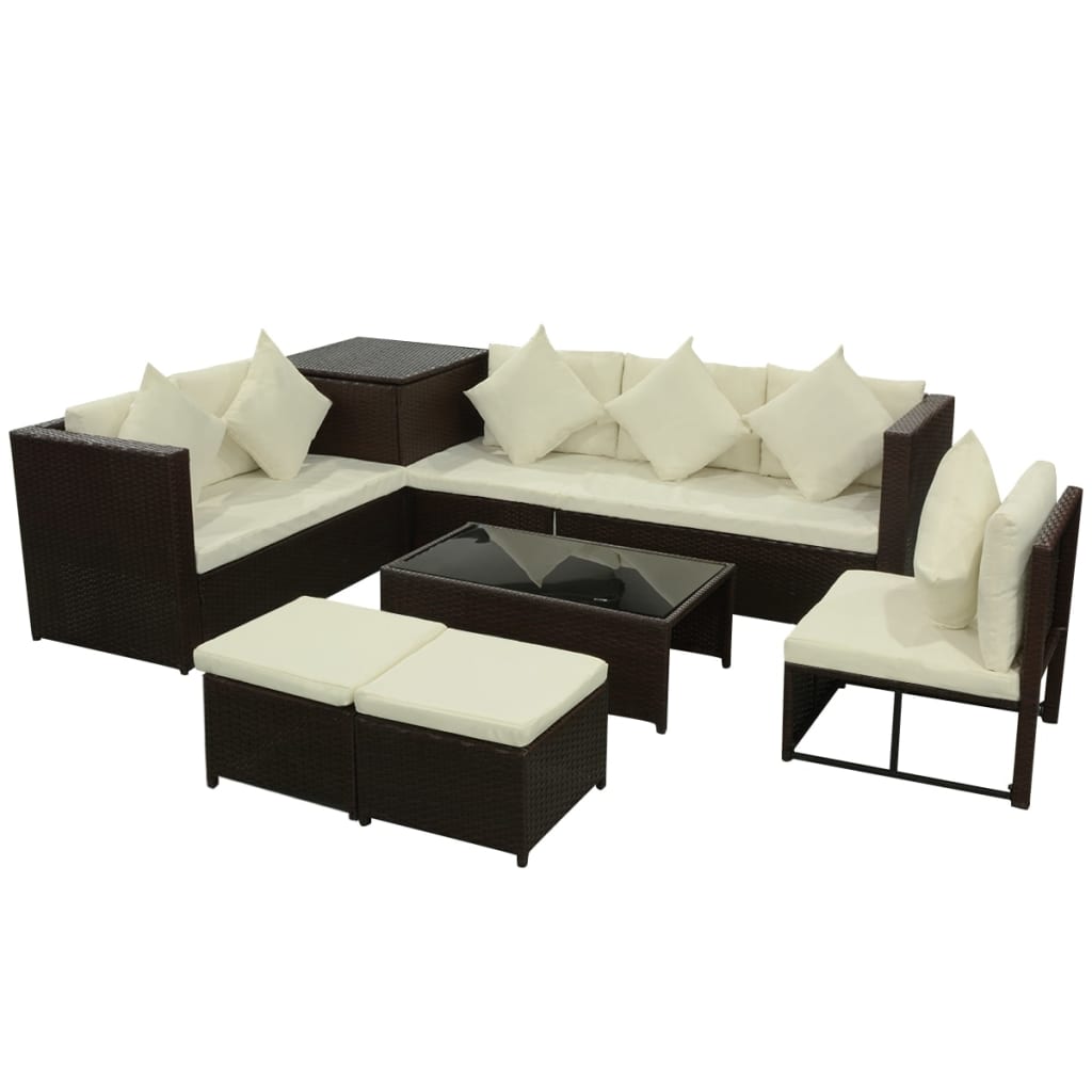 Set muebles de jardín 8 piezas y cojines ratán sintético marrón