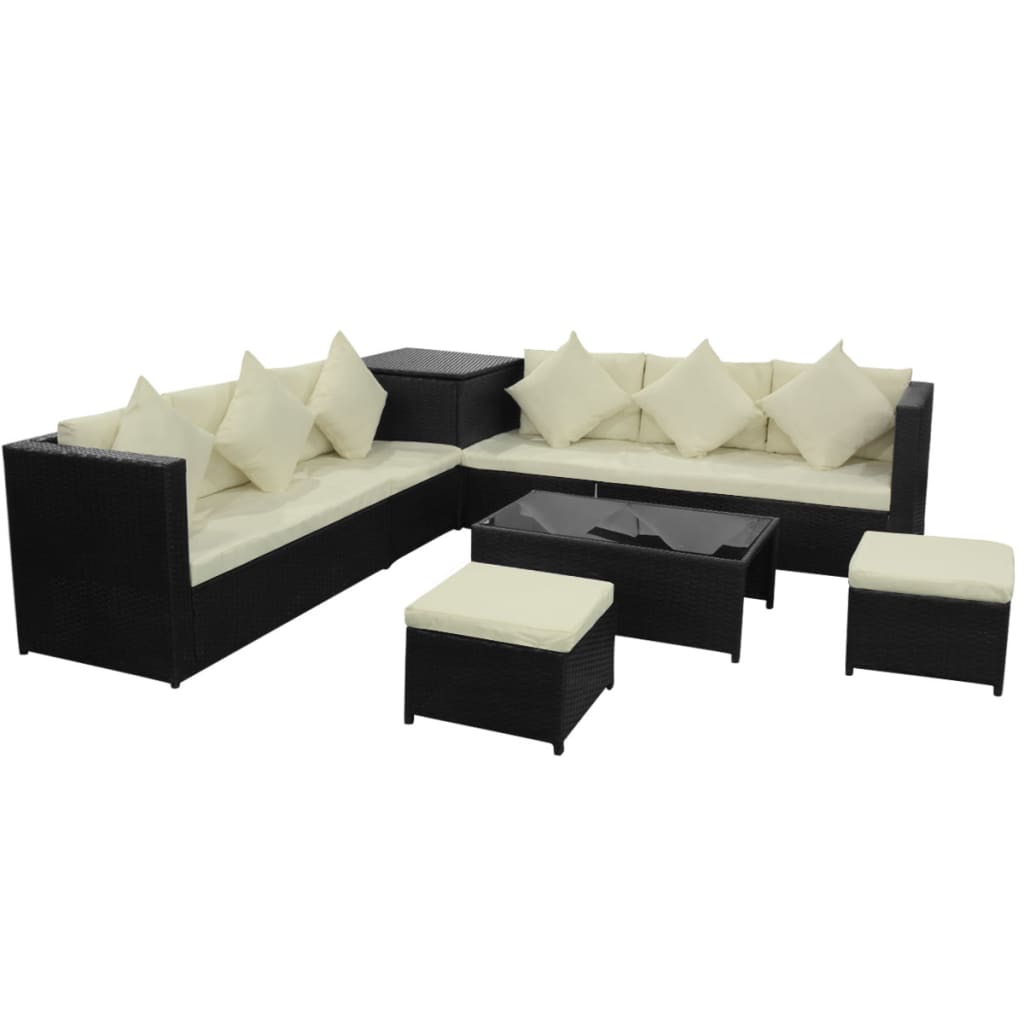 Conjunto de sofás de jardín en ratán impermeable negro con cojines beige