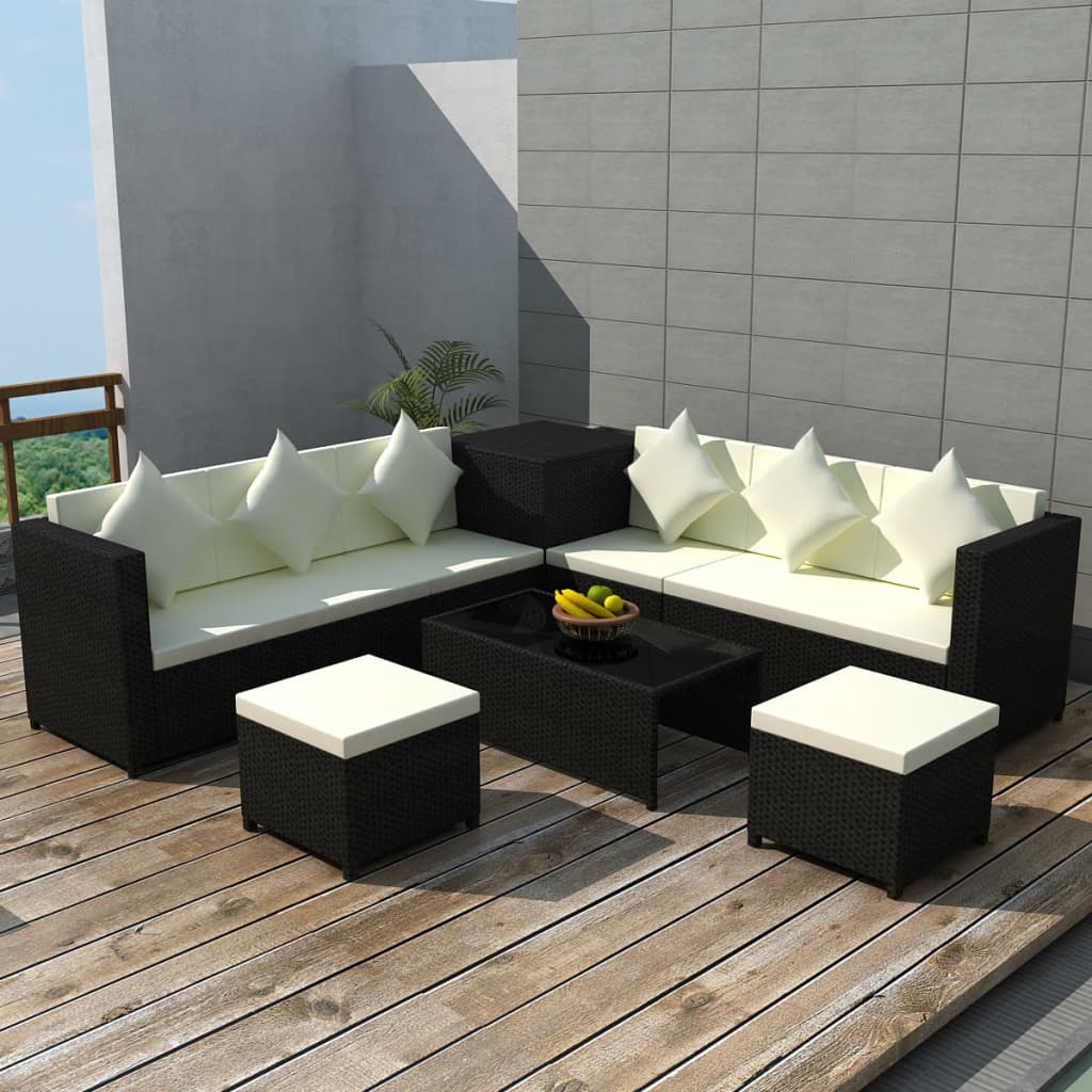 Conjunto de sofás de jardín en ratán impermeable negro con cojines beige