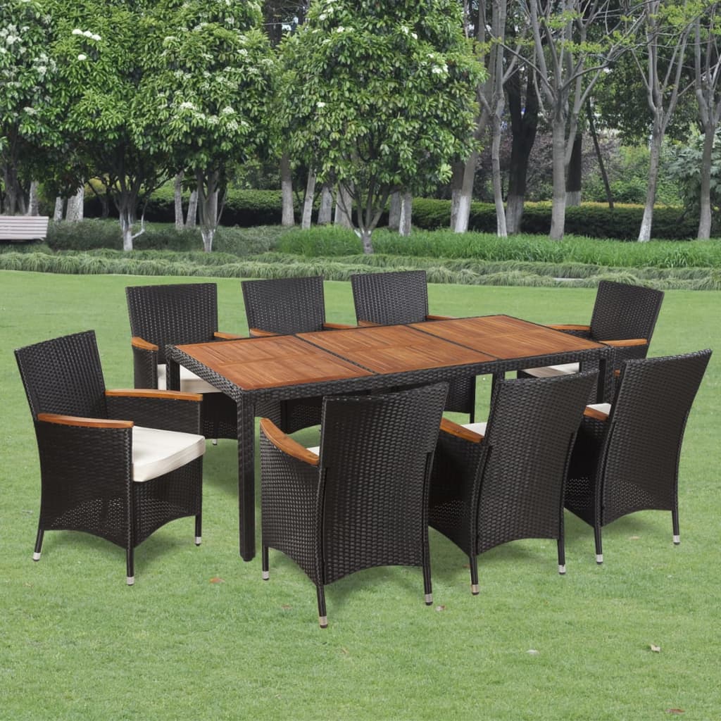 Vetonek Set de comedor de jardín 9 piezas y cojines ratán sintético