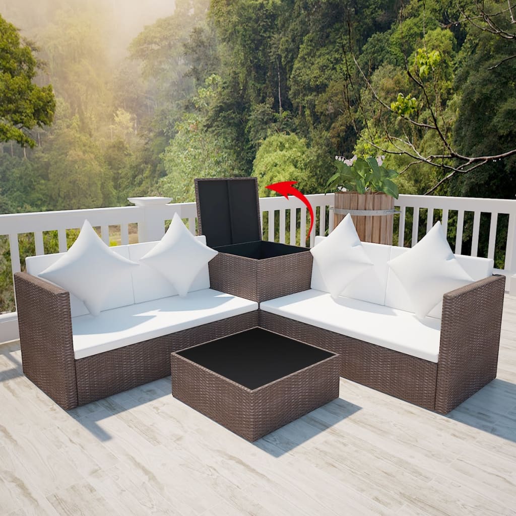 Set muebles de jardín 4 piezas y cojines ratán sintético marrón