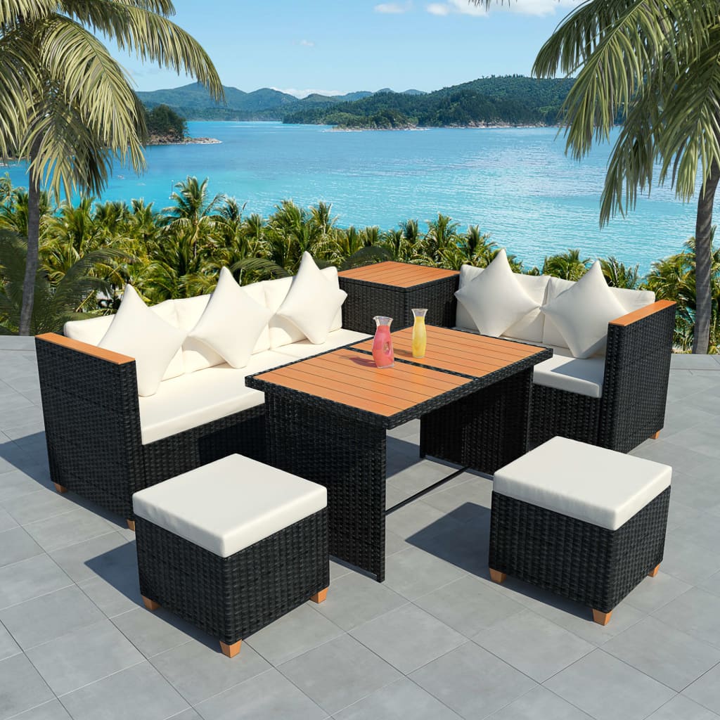 Vetonek Set muebles de jardín 7 piezas y cojines ratán sintético negro