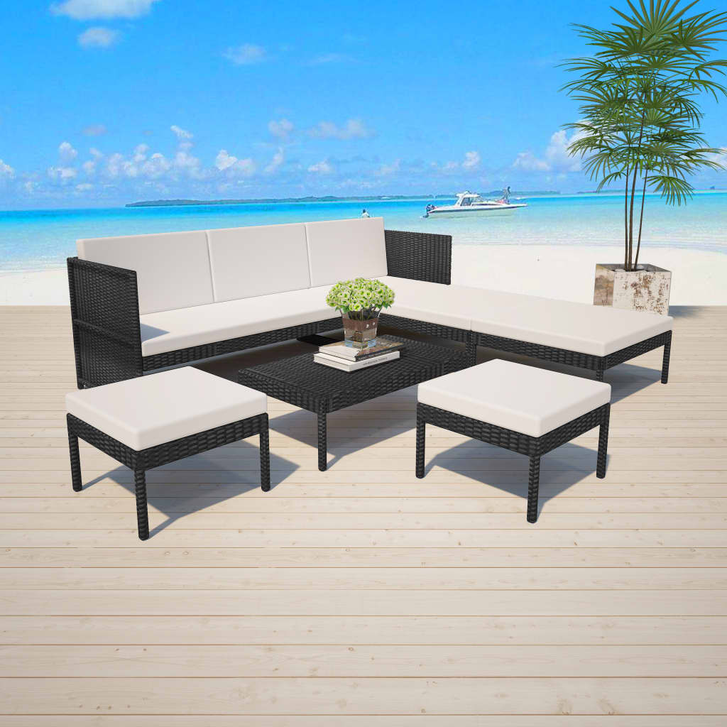 Vetonek Set muebles de jardín 6 piezas y cojines ratán sintético negro