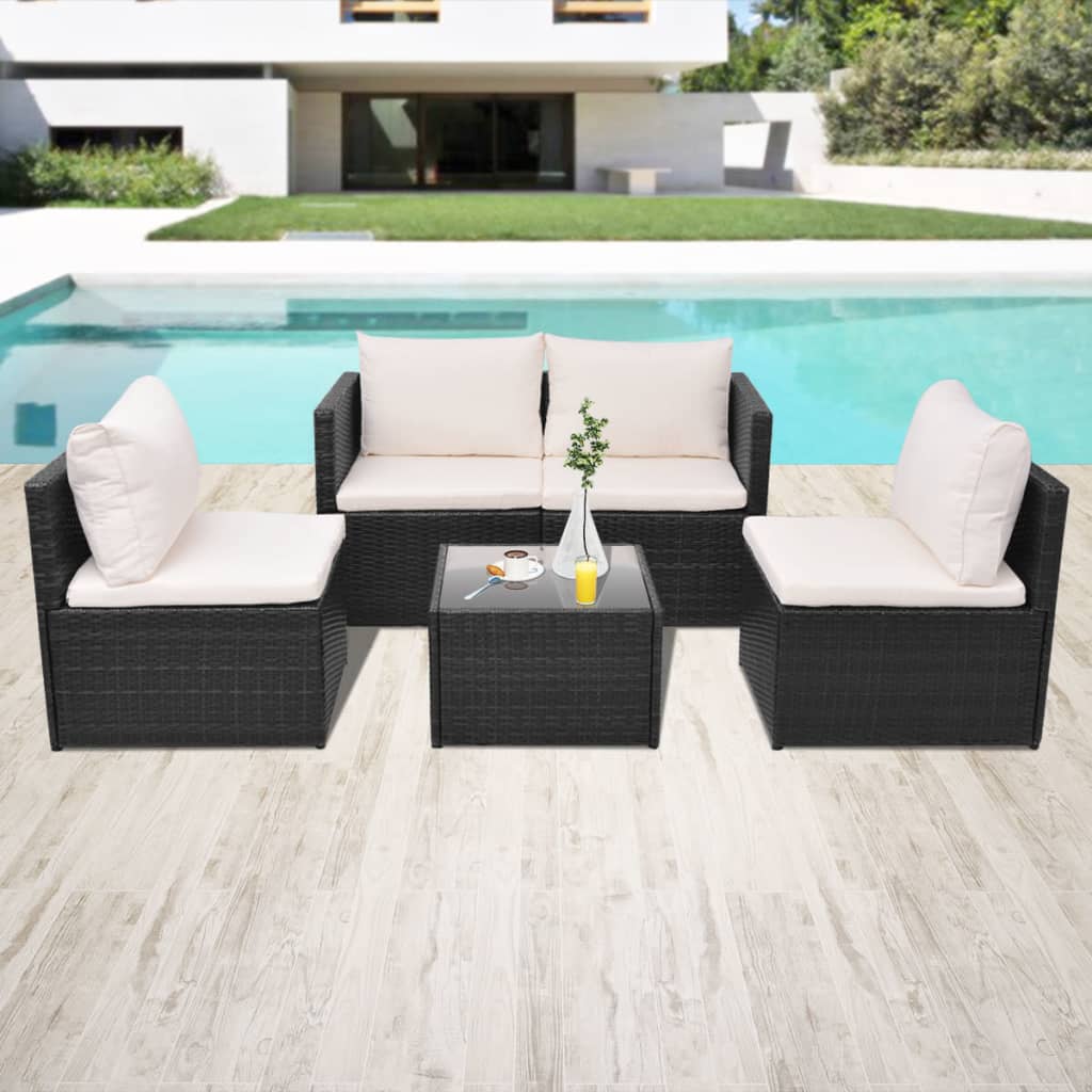 Vetonek Set muebles de jardín 5 piezas y cojines ratán sintético negro