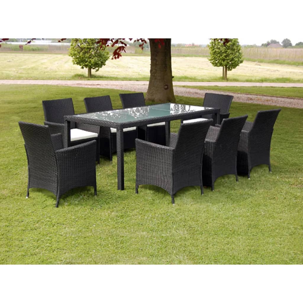 Vetonek Set comedor de jardín 9 piezas y cojines ratán sintético negro