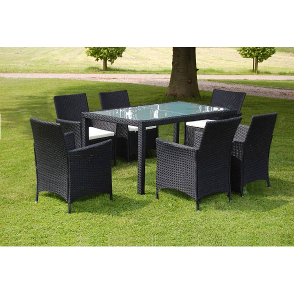 Vetonek Set comedor de jardín 7 piezas y cojines ratán sintético negro