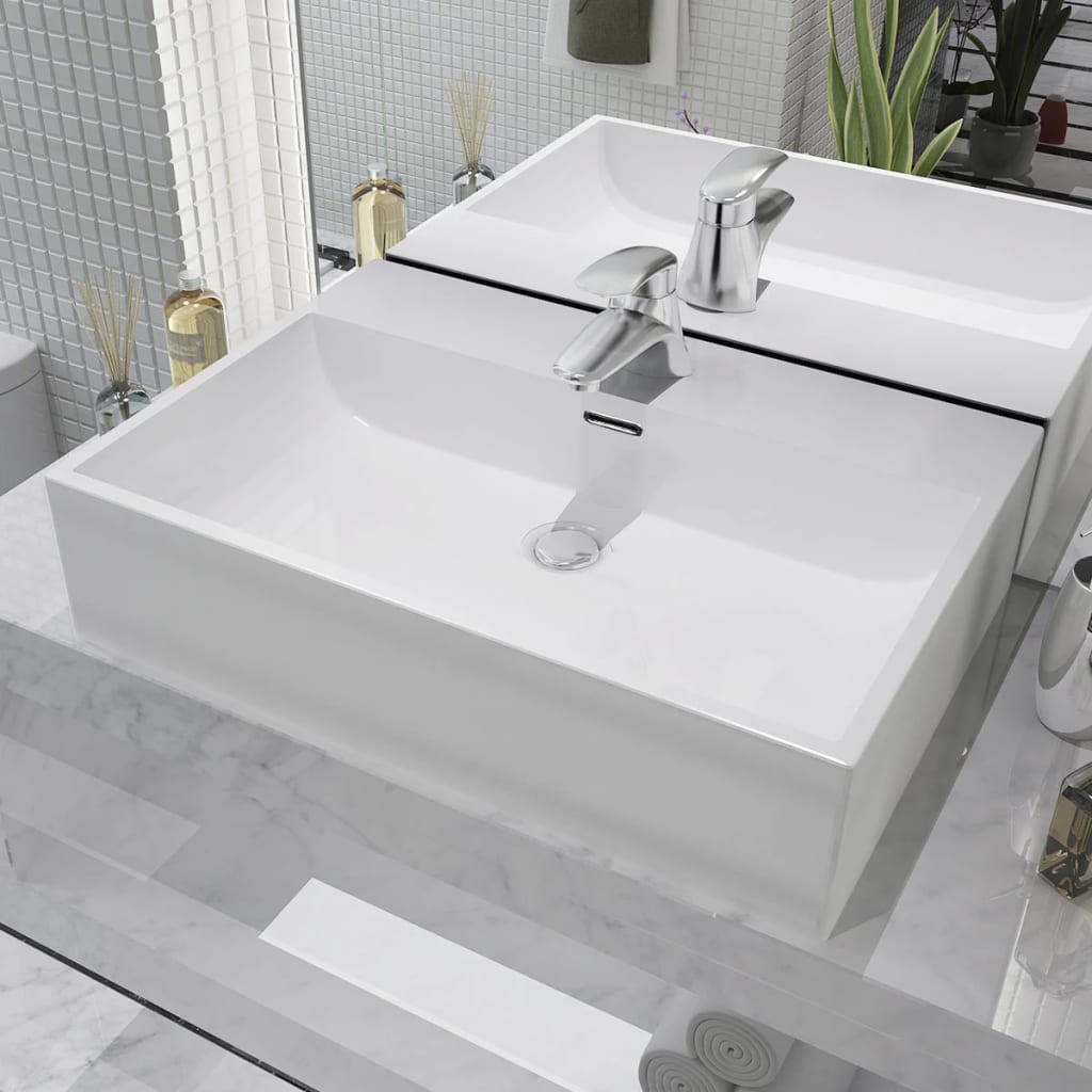 Vetonek Lavabo con orificio para grifo cerámica 60,5x42,5x14,5 cm blanco