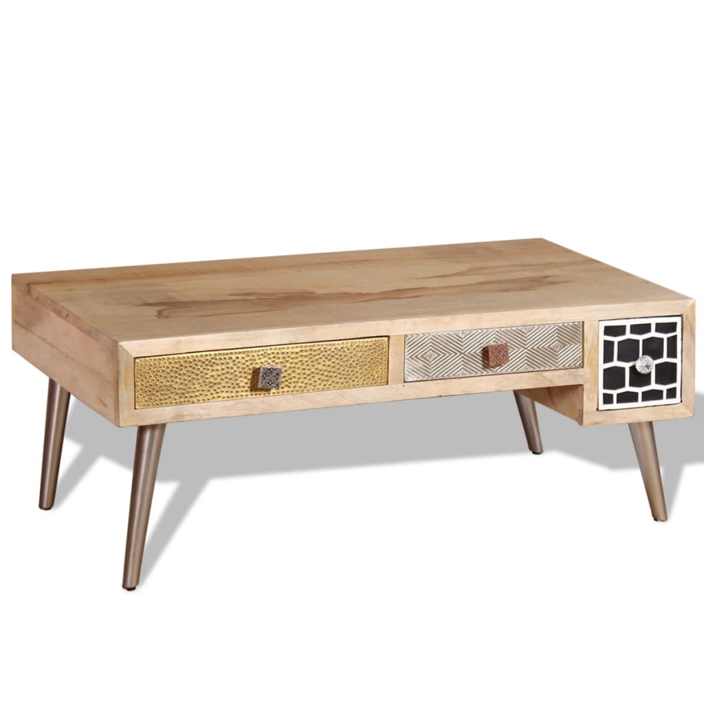 Vetonek Mesa de centro con cajones madera maciza de mango 105x55x41 cm