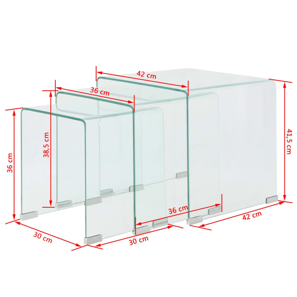 Set de tres mesas de centro apilables vidrio templado claro vidaXL