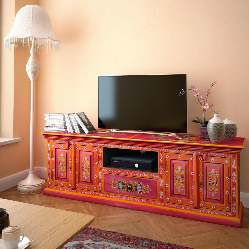 Mueble para TV madera maciza de mango rosa pintado a mano