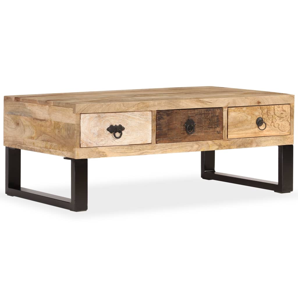 Vetonek Mesa de centro con 3 cajones madera maciza de mango 90x50x35 cm