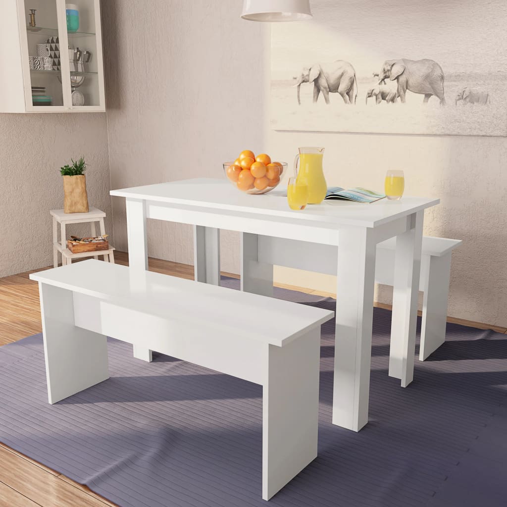 Vetonek Mesa de comedor y bancos 3 piezas madera contrachapada blanca