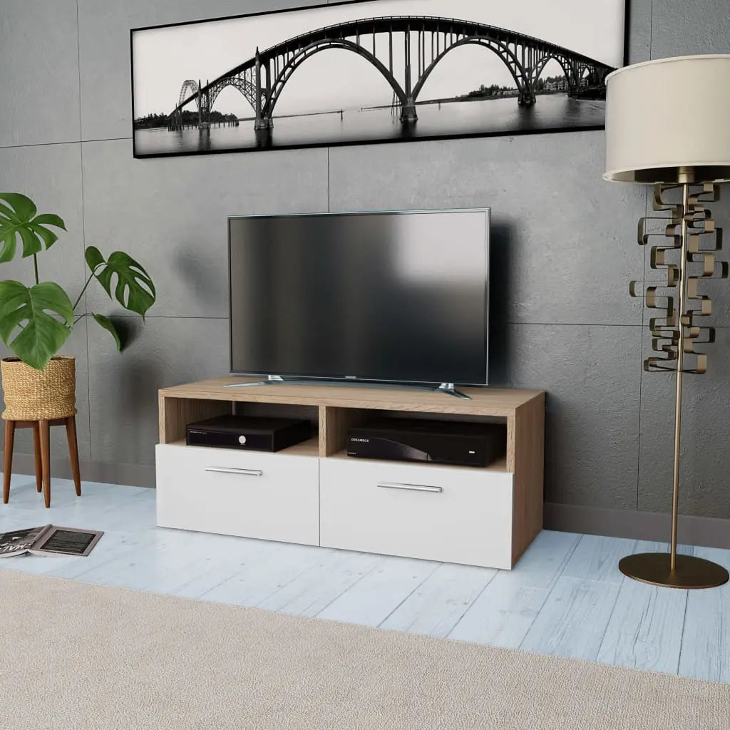 Vetonek Mueble de TV madera de ingeniería roble y blanco 95x35x36 cm