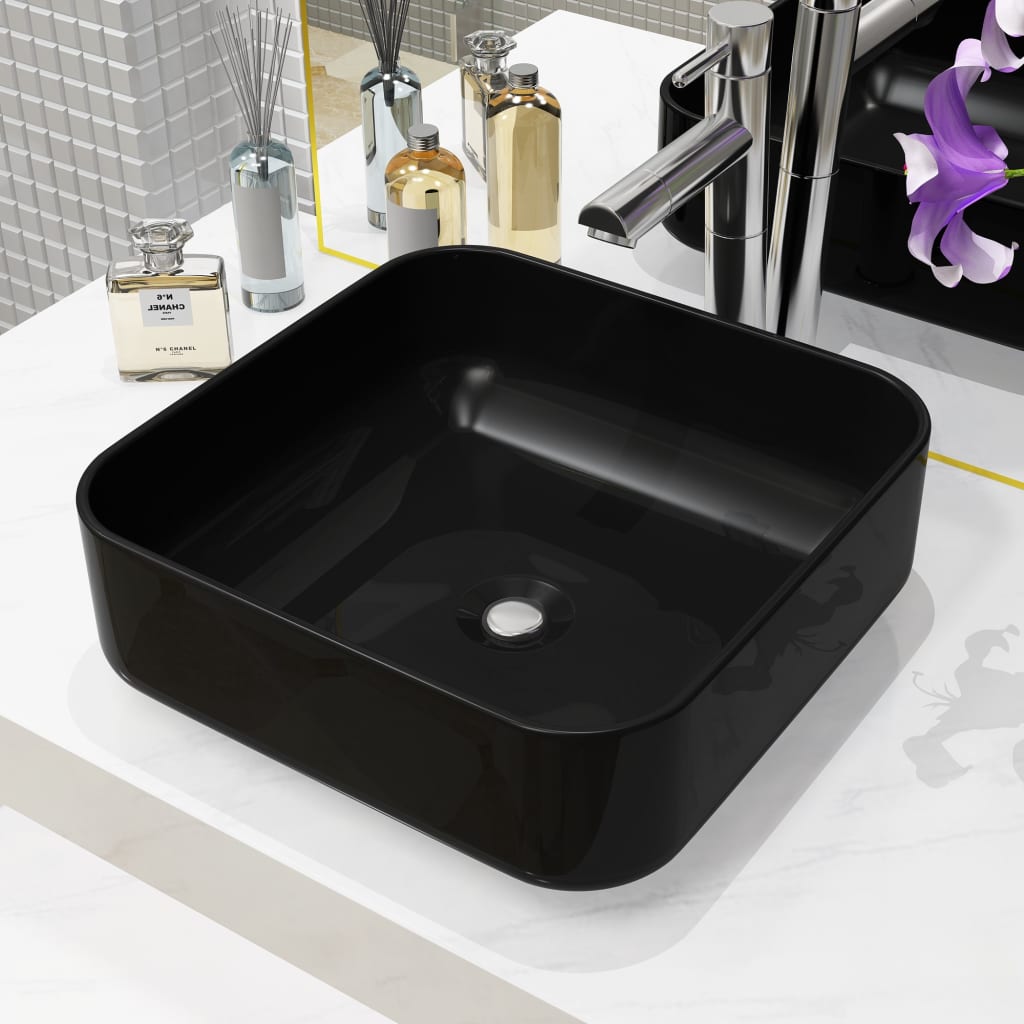 Vetonek Lavabo cuadrado de cerámica negro 38x38x13,5 cm