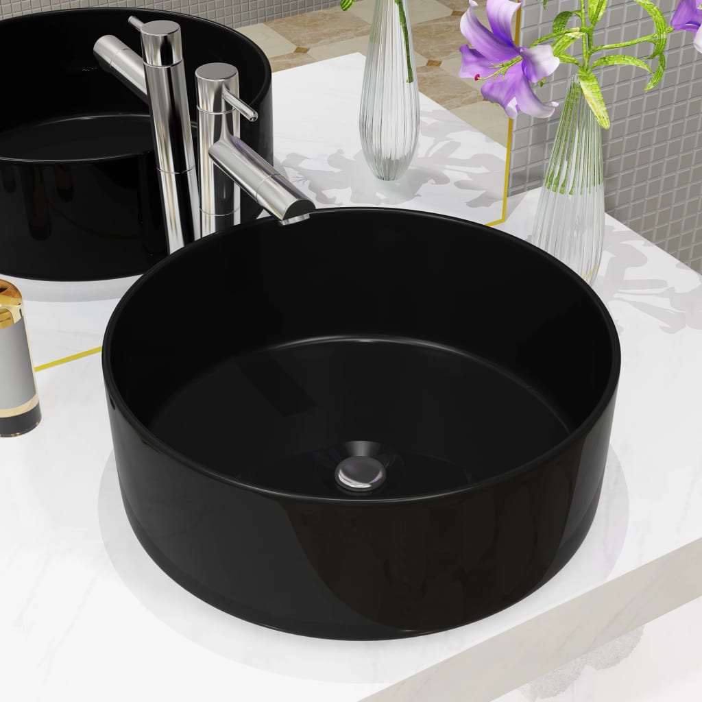 Vetonek Lavabo redondo de cerámica negro 40x15 cm