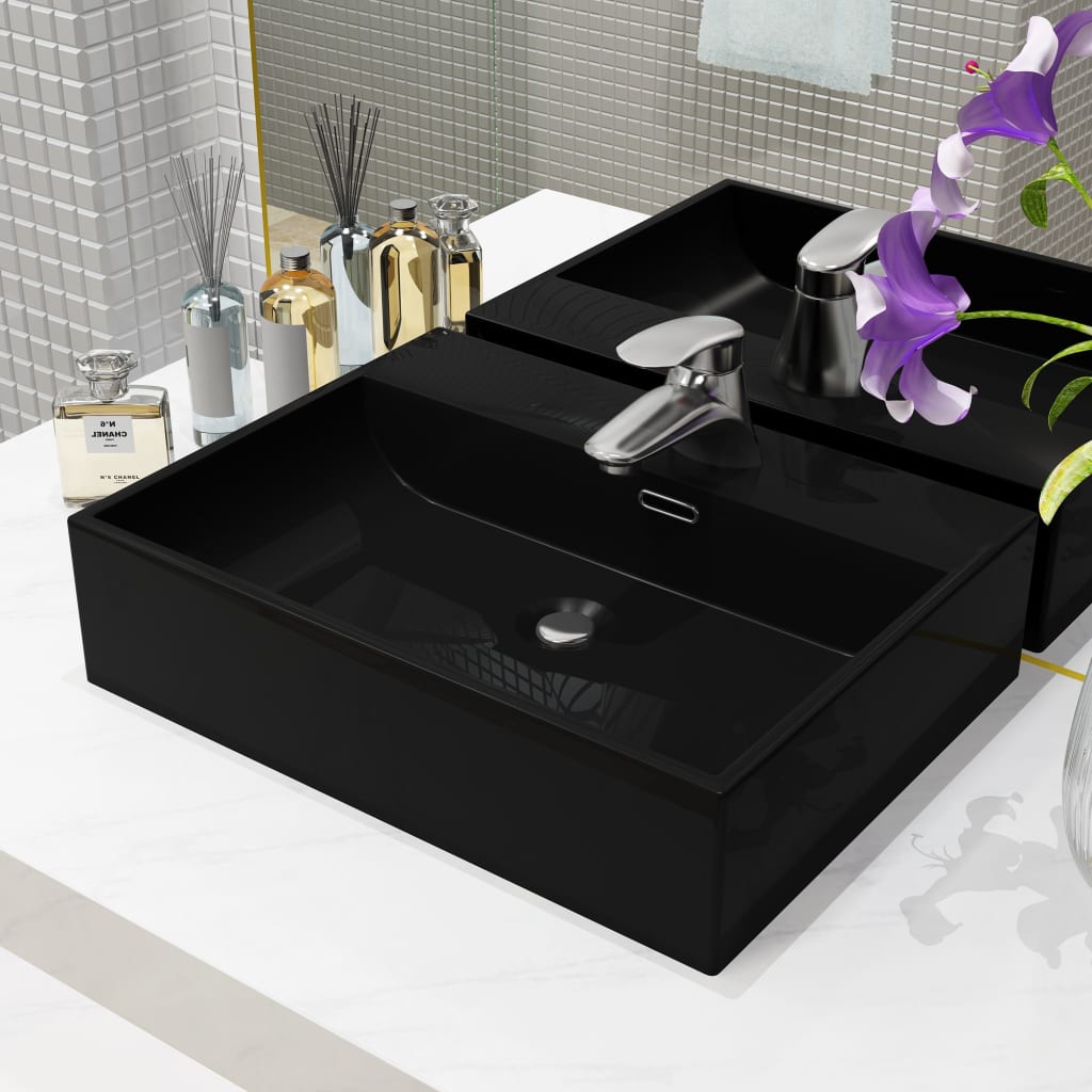 Vetonek Lavabo con orificio para grifo cerámica negro 51,5x38,5x15 cm