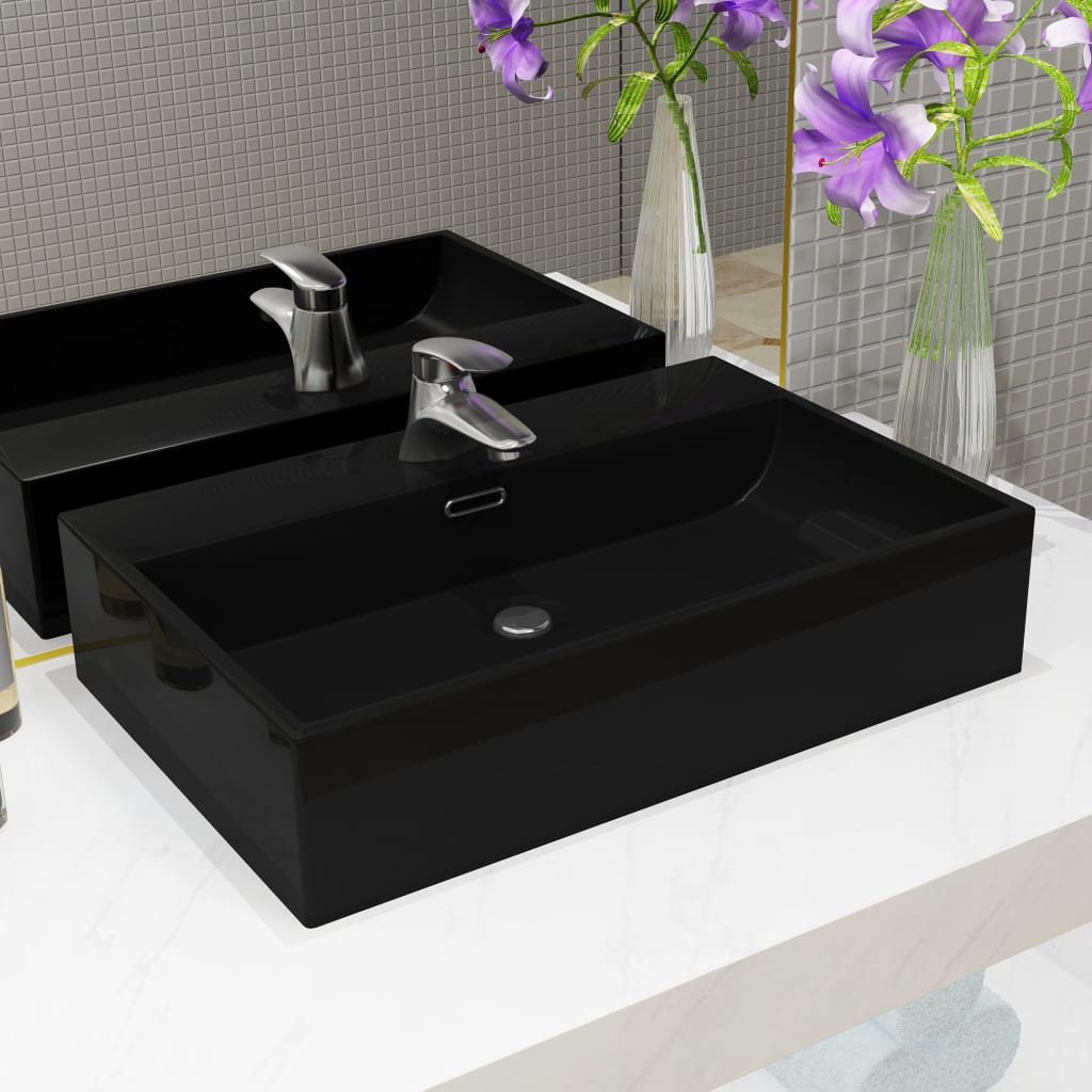 Vetonek Lavabo con orificio para grifo cerámica negro 60,5x42,5x14,5 cm