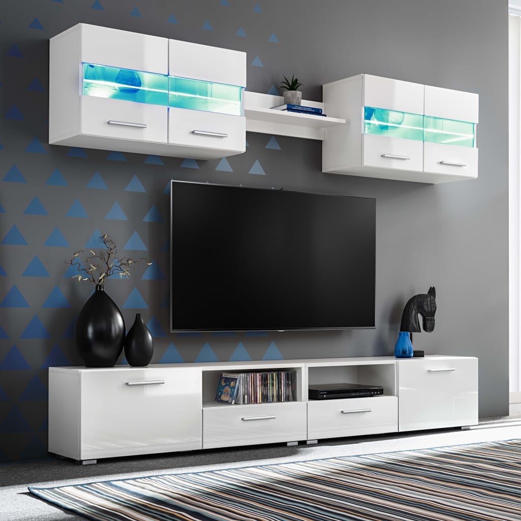 Vetonek Mueble de salón de TV con luces LED blanco brillante 5 piezas