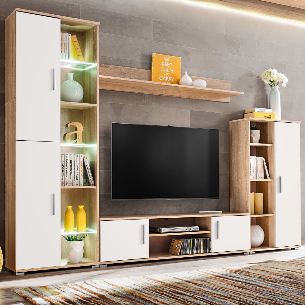 Vetonek Mueble salón pared para TV con luces LED roble Sonoma y blanco