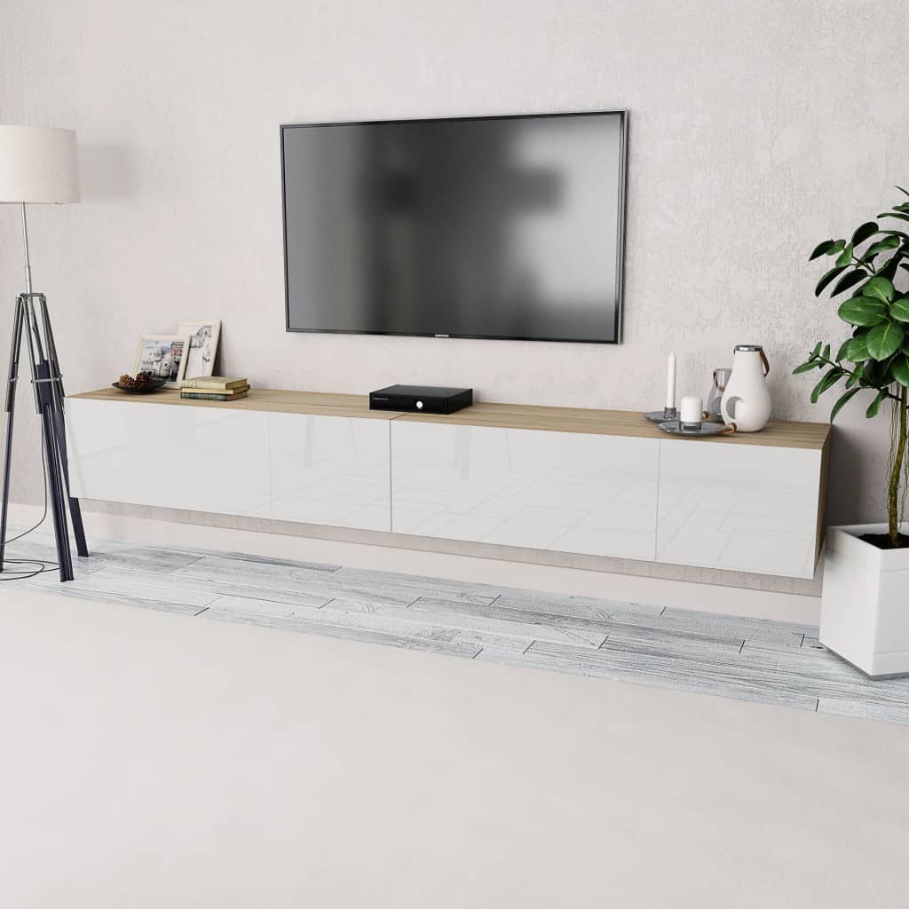 Vetonek Mueble de TV 2 piezas madera ingeniería blanco brillo y roble