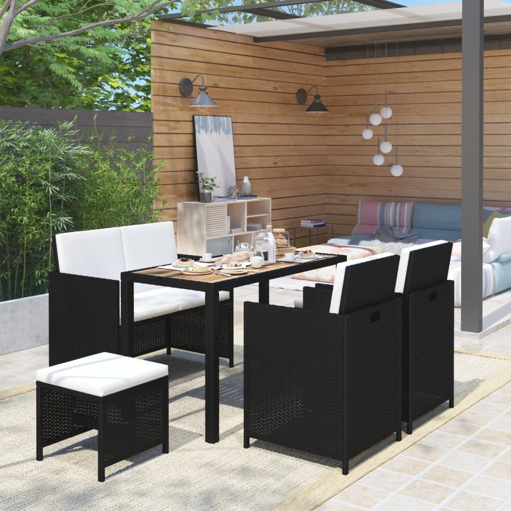 Vetonek Set comedor jardín 6 pzas ratán sintético y madera acacia negro