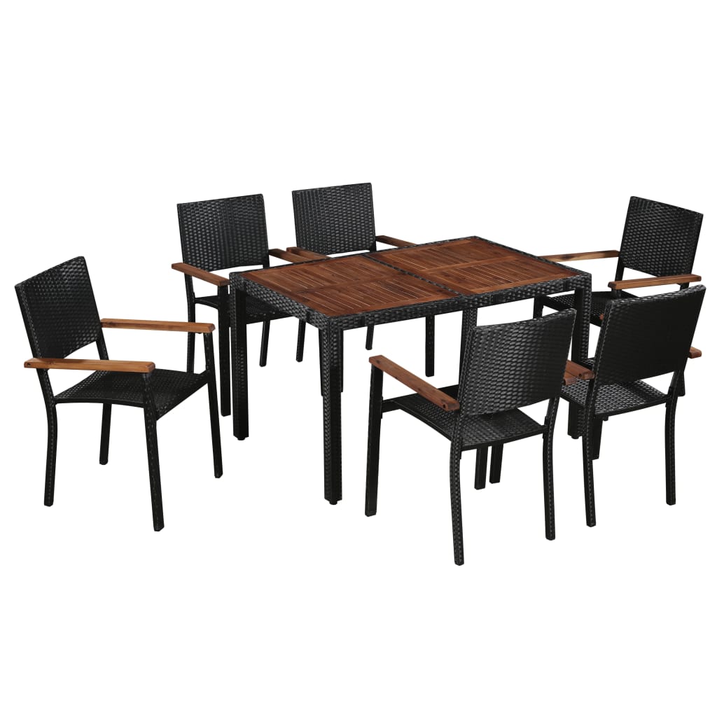 Vetonek Set comedor jardín 7 pzas ratán sintético y madera acacia negro