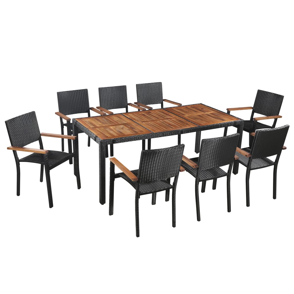 Vetonek Set comedor jardín 9 pzas ratán sintético y madera acacia negro