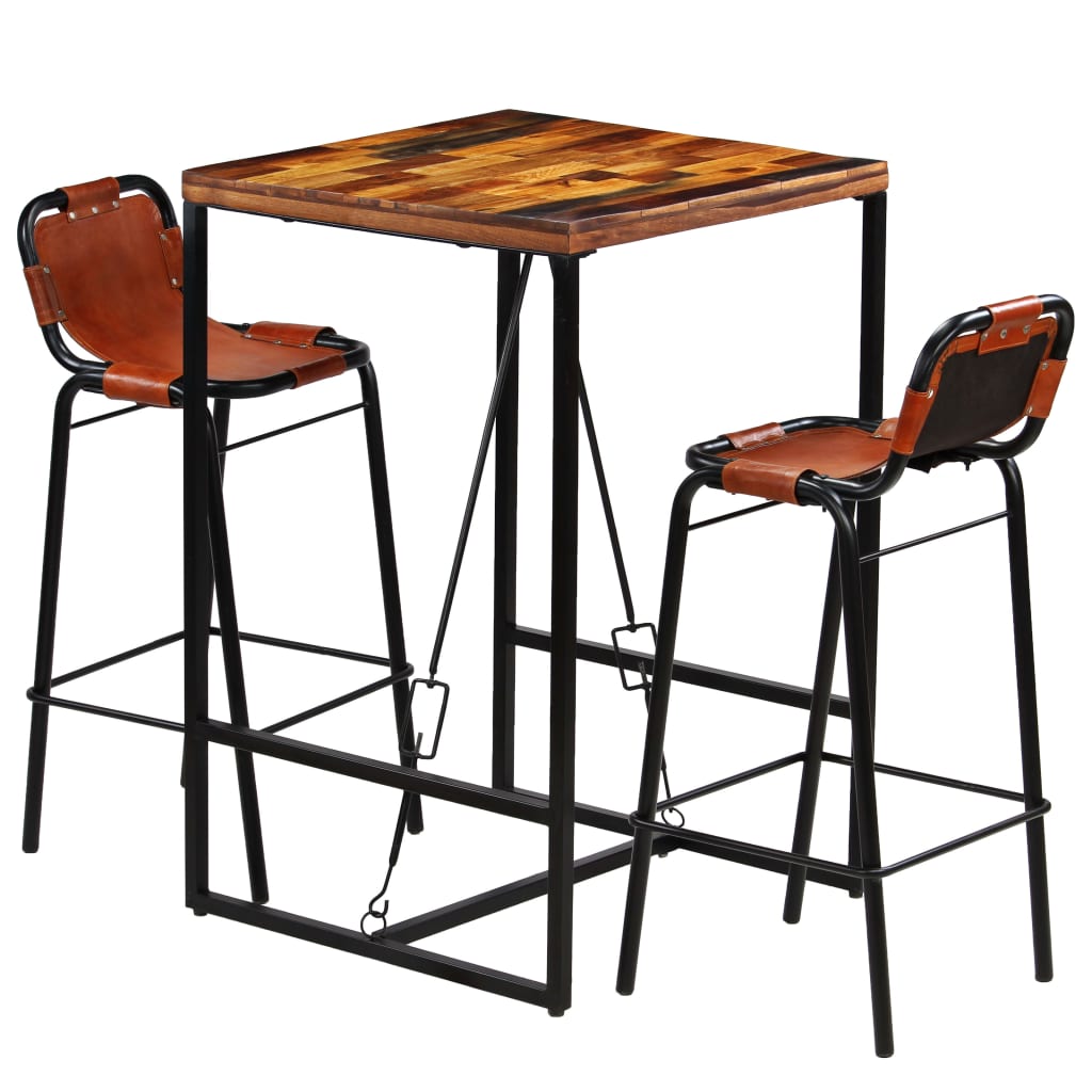 Vetonek Set muebles bar 3 pzas madera reciclada cuero cabra auténtico