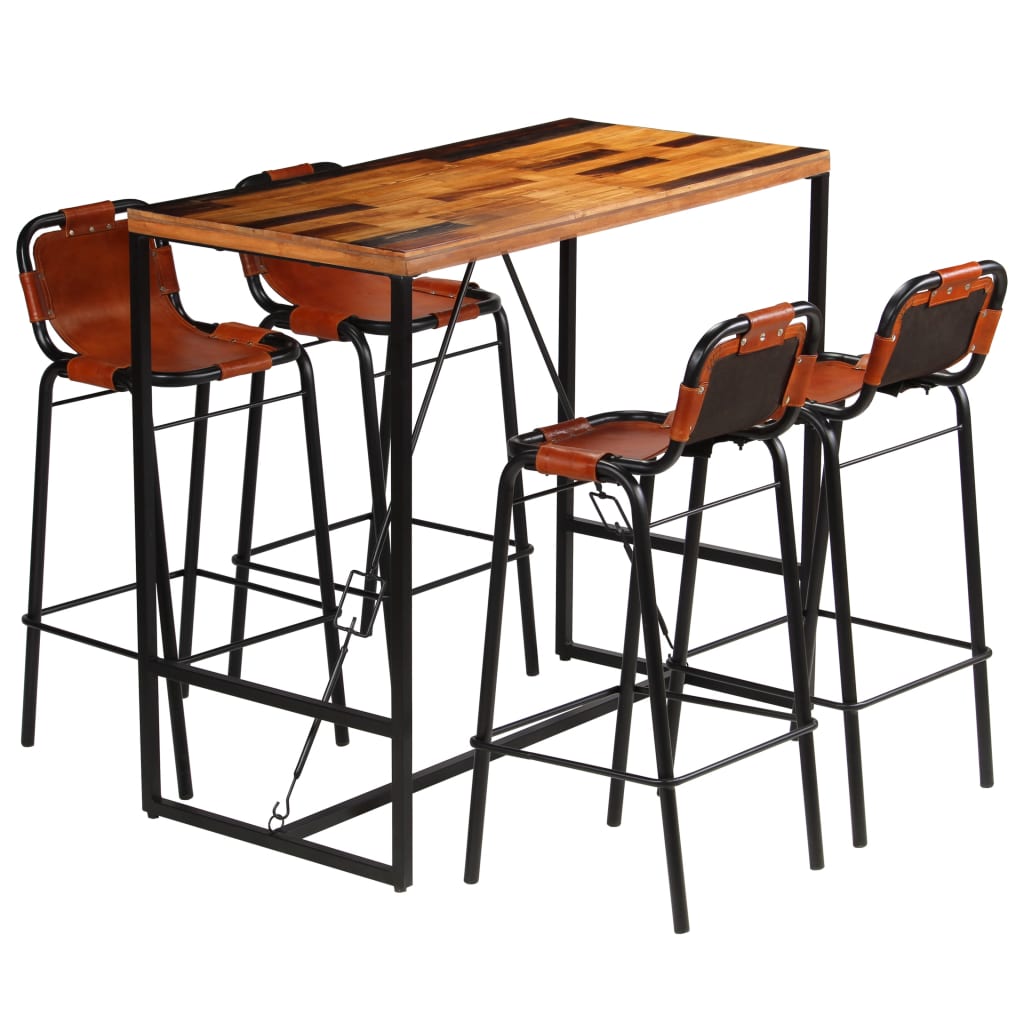 Vetonek Set muebles bar 5 pzas madera reciclada cuero cabra auténtico