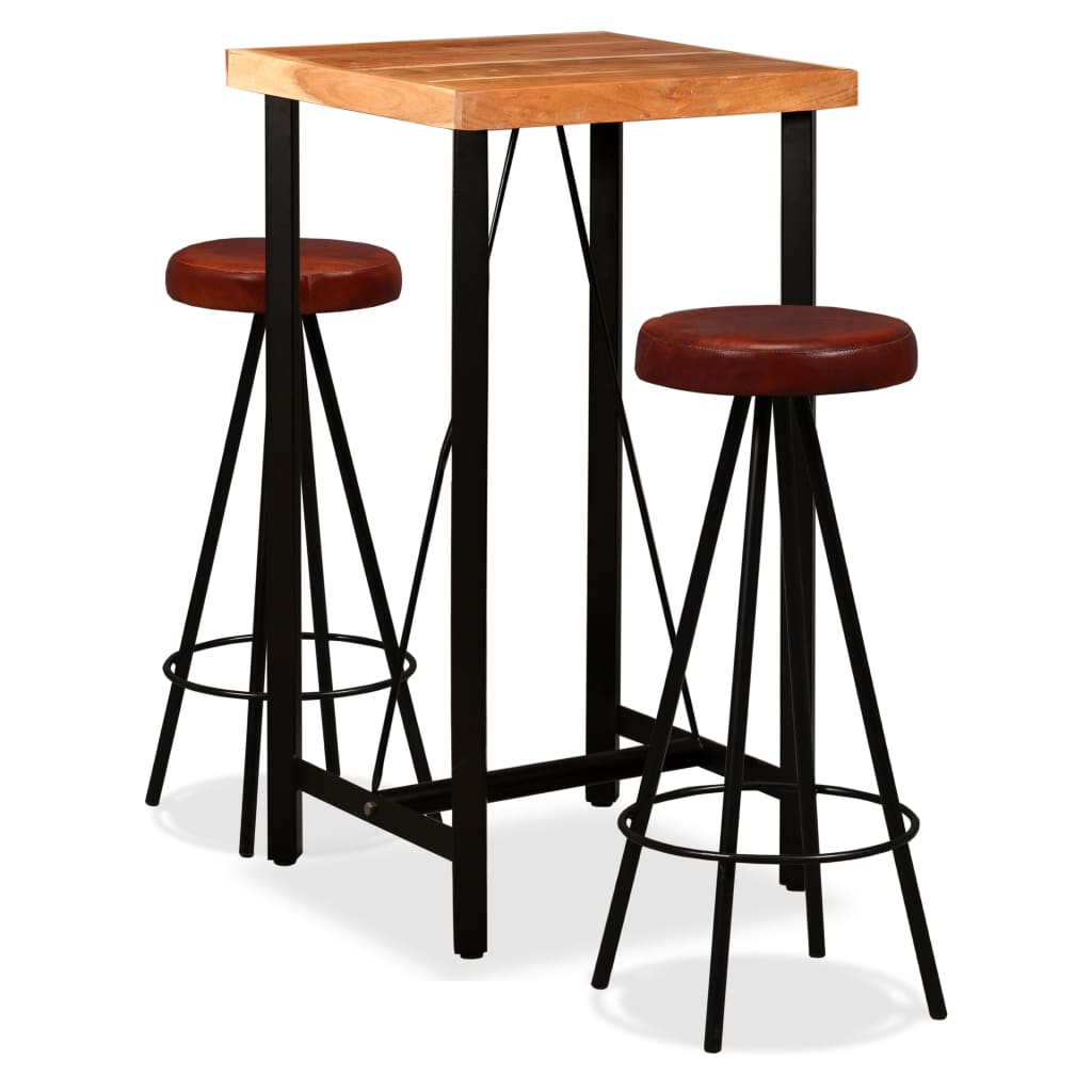 Vetonek Set muebles de bar 3 pzas madera maciza acacia cuero genuino