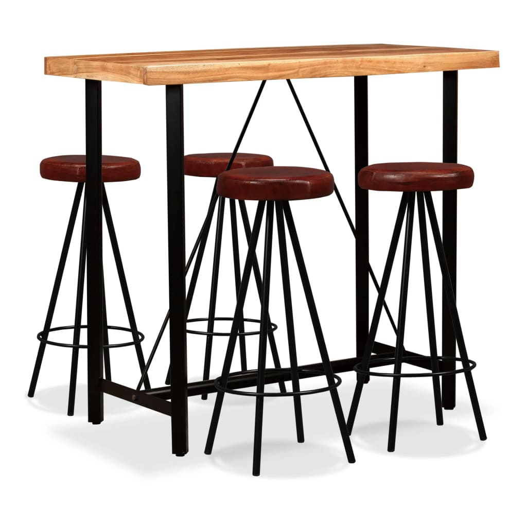 Vetonek Set muebles de bar 5 pzas madera maciza acacia cuero genuino