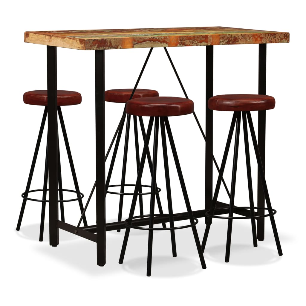 Vetonek Set muebles de bar 5 pzas madera maciza reciclada cuero genuino