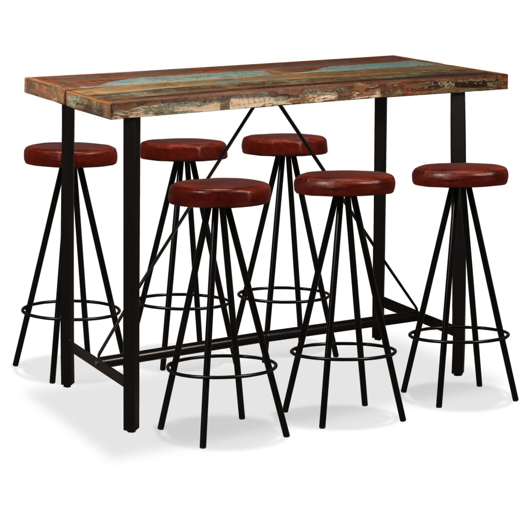 Vetonek Set muebles de bar 7 pzas madera maciza reciclada cuero genuino