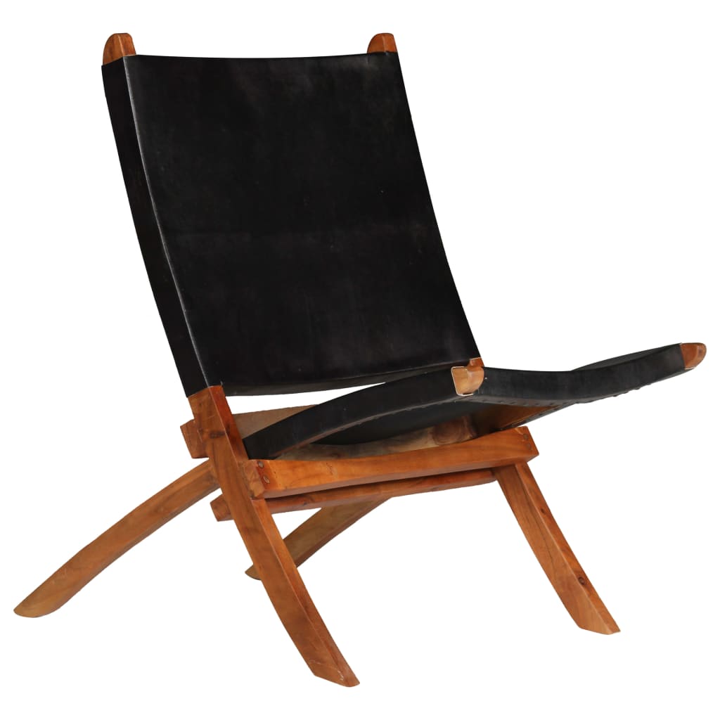 Vetonek Silla de relax plegable de cuero auténtico negro