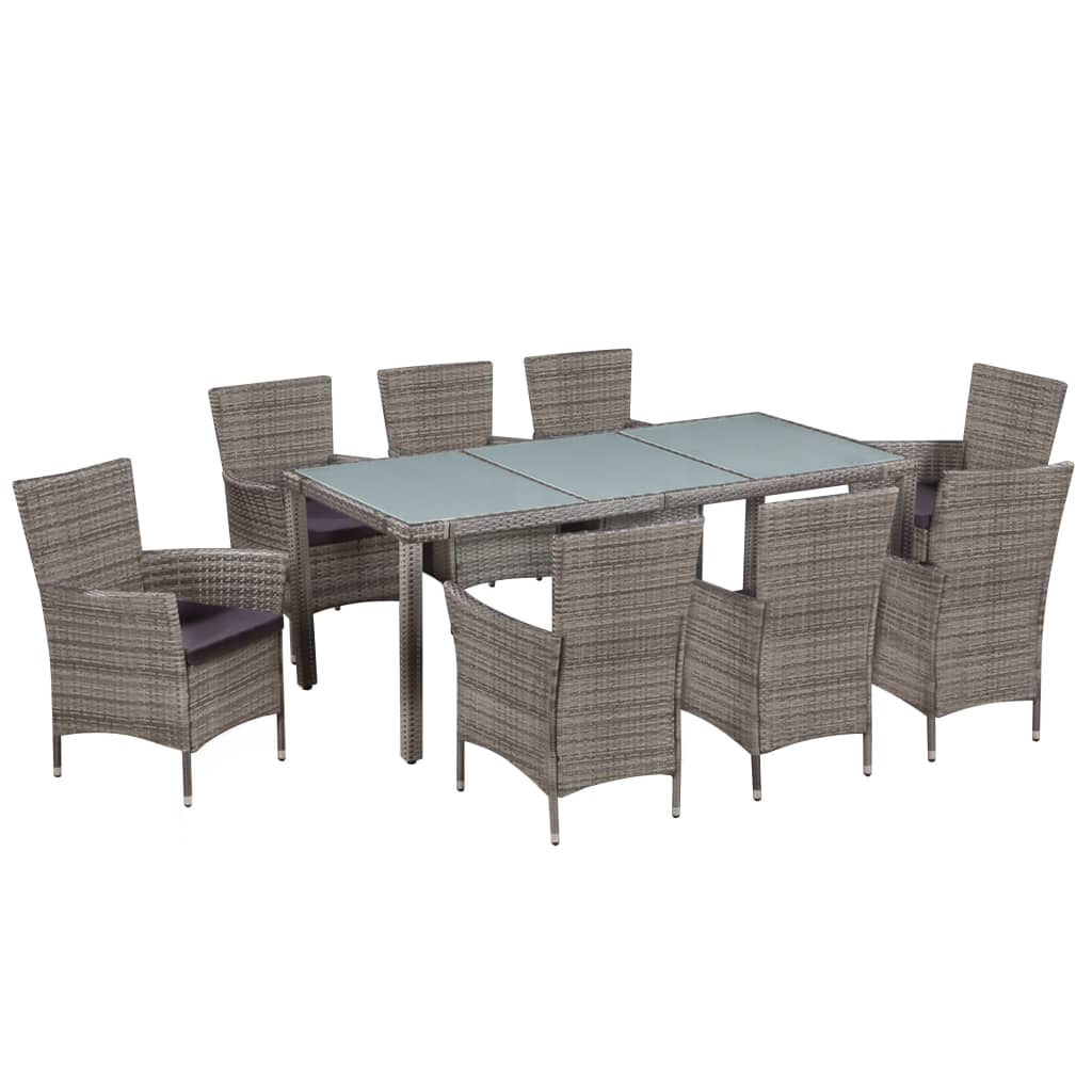 Vetonek Set de comedor de jardín 9 pzas y cojines ratán sintético gris