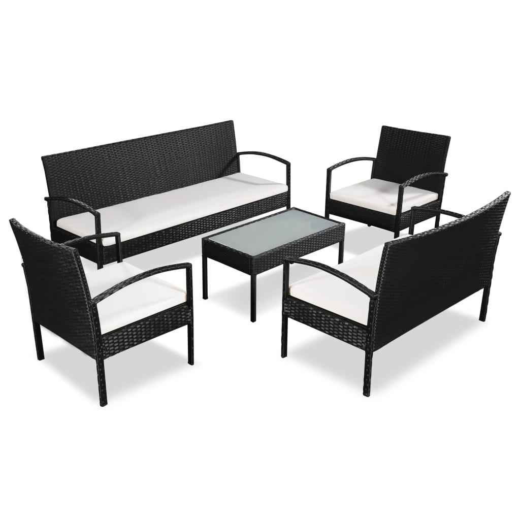 Vetonek Set muebles de jardín 5 piezas y cojines ratán sintético negro