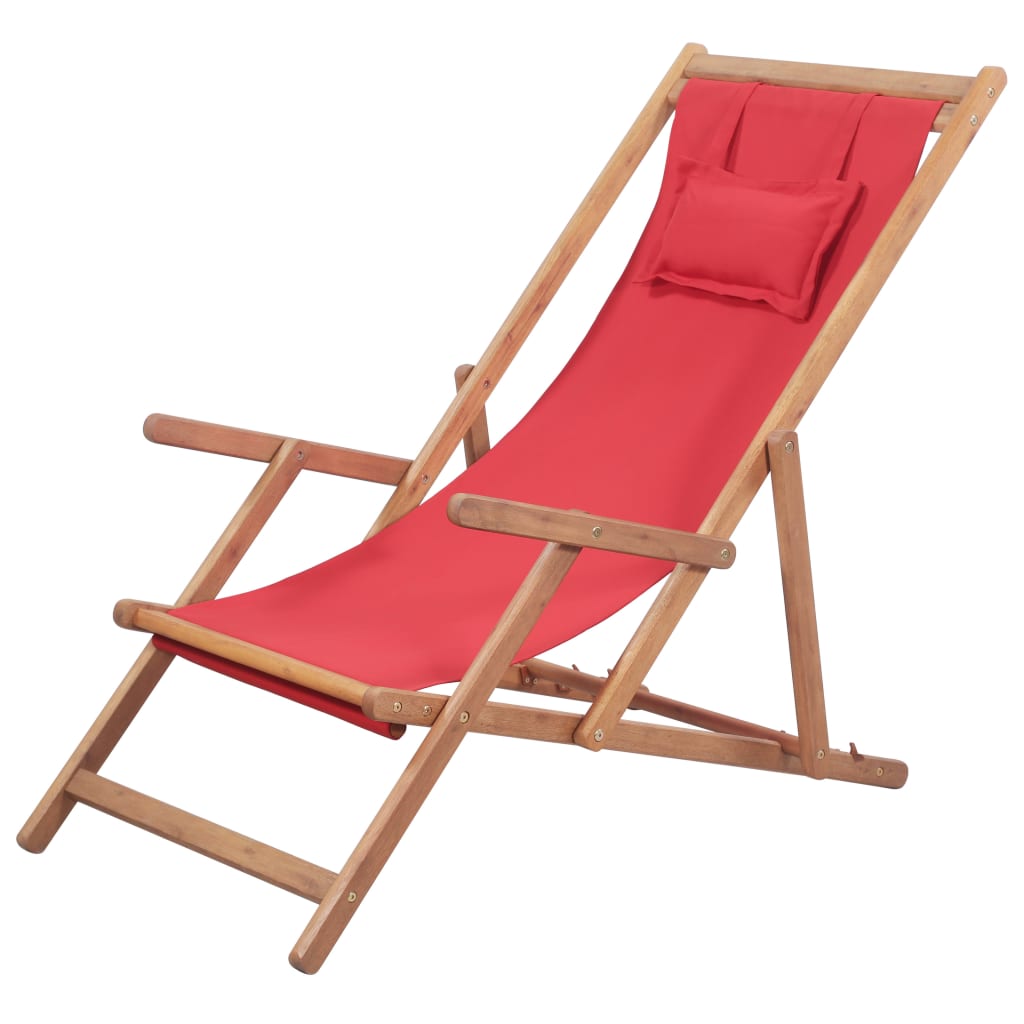 Vetonek Silla de playa plegable de tela y estructura de madera roja