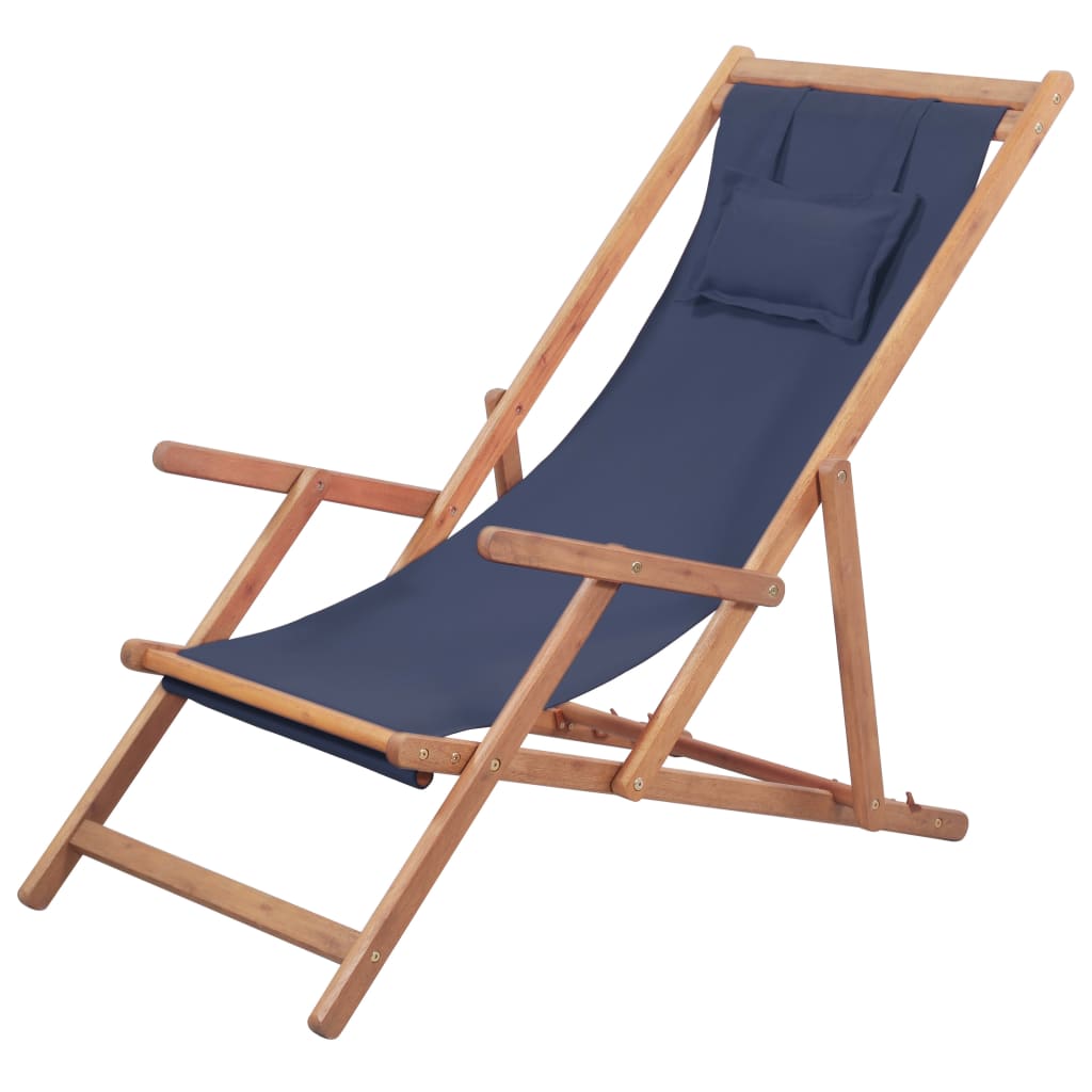 Vetonek Silla de playa plegable de tela y estructura de madera azul