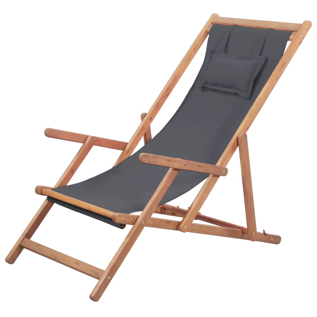 Vetonek Silla de playa plegable de tela y estructura de madera gris