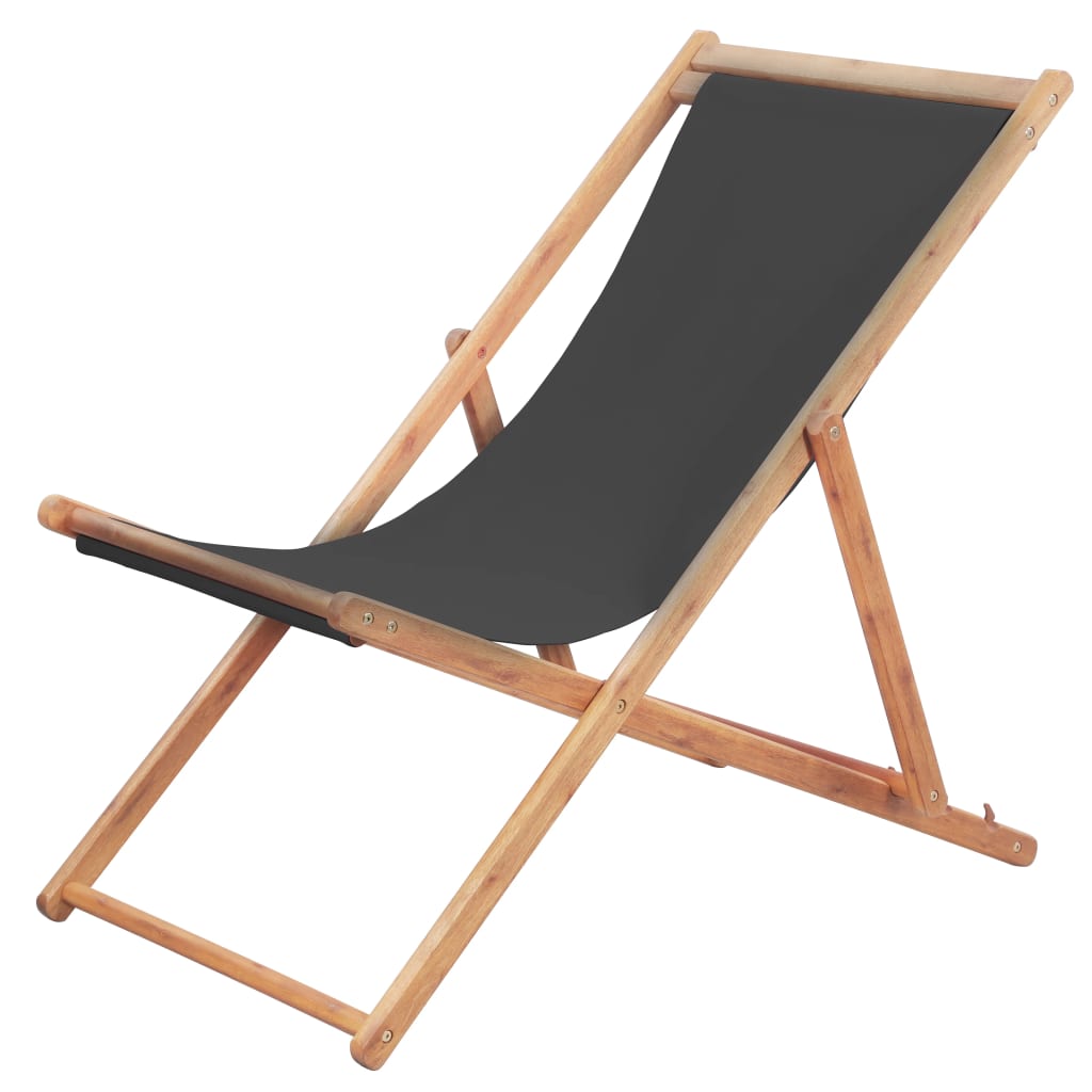 Vetonek Silla de playa plegable de tela y estructura de madera gris